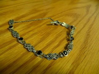 Vintage Sterling Silver.  925 Bracelet With Black Onyx Hearts