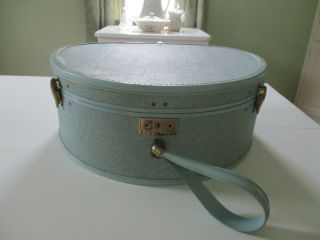 Vintage Samsonite Round Hat Box Suitcase Tweed Hawaiian Blue (aqua) W/key 4220