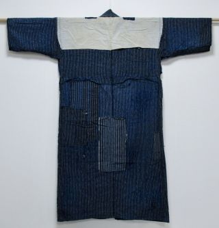 Japanese Cotton Antique Boro Kimono / Vintage Fine Indigo Blue / Stripe /465