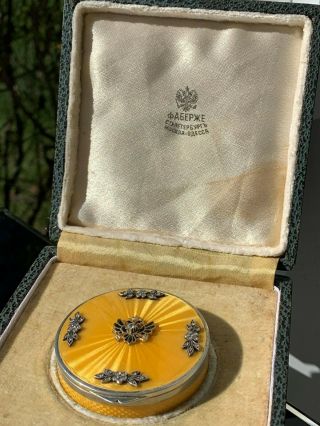 Antique Russian Faberge Silver,  Guilloche Enamel Diamonds Pill Box