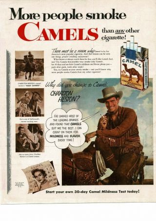 1953 Camel Cigarettes Charlton Heston Cowboy Leather Fringe Shirt Vtg Print Ad