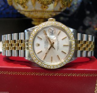 Mens Rolex Datejust 18k Yellow Gold & Stainless Steel Diamond Watch