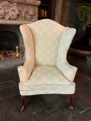 Early Bespaq Miniature Dollhouse Upholstered Wing Back Chair Carved Legs Cream