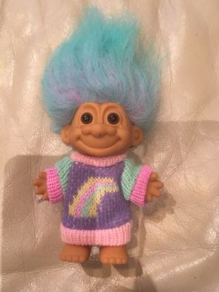 Vintage Rainbow Sweater Girl Troll Doll Russ 4 1/2” Teal Hair