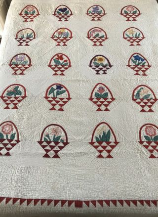 Antique Quilt,  Hand Stitched,  Appliqued,  Flower Basket,  Flying Geese,  Turkey Red