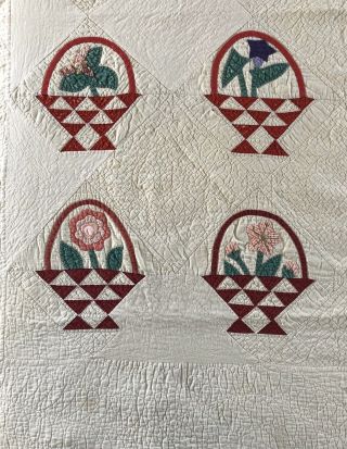 Antique Quilt,  Hand Stitched,  Appliqued,  Flower Basket,  Flying Geese,  Turkey Red 2