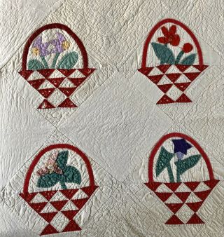 Antique Quilt,  Hand Stitched,  Appliqued,  Flower Basket,  Flying Geese,  Turkey Red 3