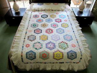Vintage Hand Sewn Feed Sack Applique Flower Garden Quilt W/ Pillow Sham,  Small