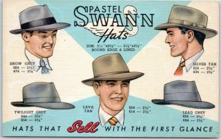 Vintage Advertising Postcard Pastel Swann Hats Louisville Ky Linen 1953
