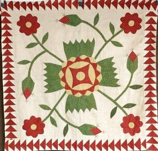 Early Pa 1850s Whig Rose Applique Quilt Top Pc Turkey Red