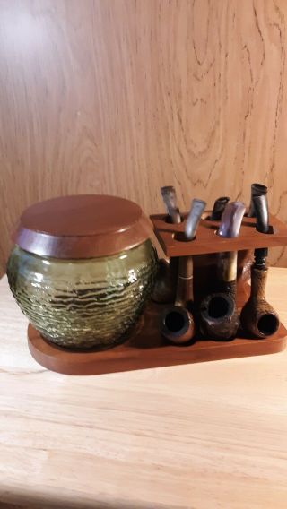 Vintage Fairfax Wooden Smoking Pipes Stand With Tobacco Jar And Six Pipes