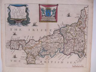 17th Century,  Hand Coloured Engraving,  A Mapp Of Cornwall,  By R.  Blome,  C.  1675