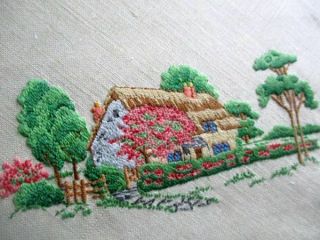 Vintage Tray Cloth - Hand Embroidered - Thatched Cottage - Linen -