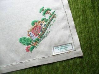 VINTAGE TRAY CLOTH - HAND EMBROIDERED - THATCHED COTTAGE - LINEN - 3