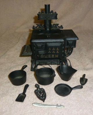 Vintage Queen Cast Iron Toy Stove Salesman Sample Pots Pans Bucket Iron Pail