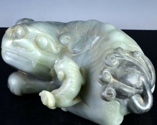 Very Rare & Large Chinese Light Celadon Jade Fu Lion W Pup Figure Qing Dynasty