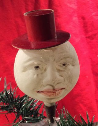 Antique German Blown Glass Two Sided Moon Face With Hat On Clip Ornament