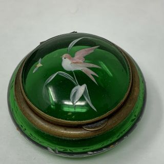 Antique Moser Bohemian Green Art Glass Trinket Patch Box Enamel Bird Flowers