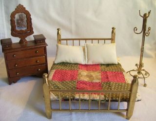 Vintage Dollhouse Furniture Bed W/vintage Fabric Coverlet Dresser & Clothes Tree