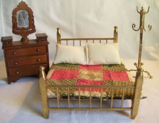 Vintage Dollhouse Furniture Bed w/Vintage Fabric Coverlet Dresser & Clothes Tree 2