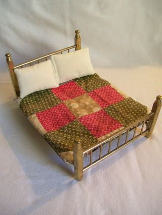 Vintage Dollhouse Furniture Bed w/Vintage Fabric Coverlet Dresser & Clothes Tree 3