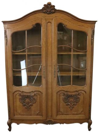 Bookcase Louis Xv Vintage French Rococo 1950 Oak Wood Paned Glass 2 - Door