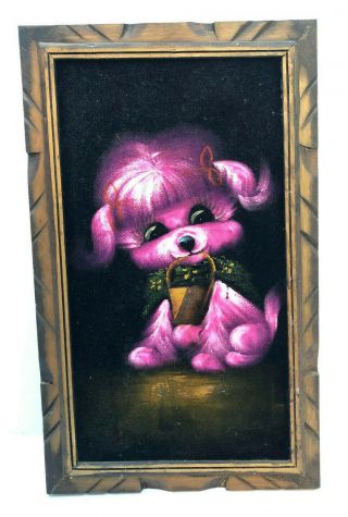 Vtg Black Velvet Painting Pink Poodle Basket Flowers Mid Century Kitsch Framed