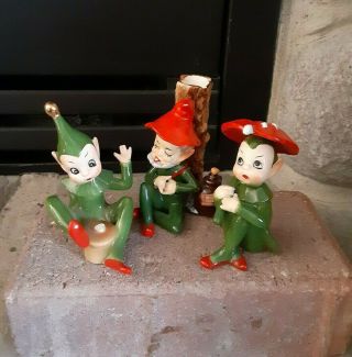 Three Vintage Josef Christmas Pixie Elves Figurines Japan Labels