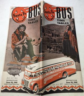 June 1941 Santa Fe Trailways Bus Routes Time Table W/ Native Indians 28 Pgs.