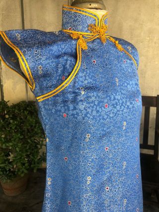 Antique 1930s Blue & Yellow Silk Cheongsam Qipao Banner Dress Brocade Vintage