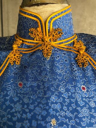 Antique 1930s Blue & Yellow Silk Cheongsam Qipao Banner Dress Brocade Vintage 3