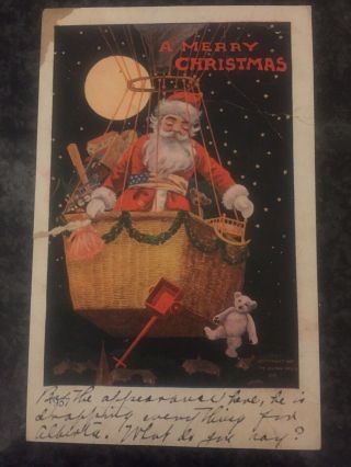 Vintage Christmas Santa Claus Patriotic Postcard Hot Air Balloon Full Moon Flag