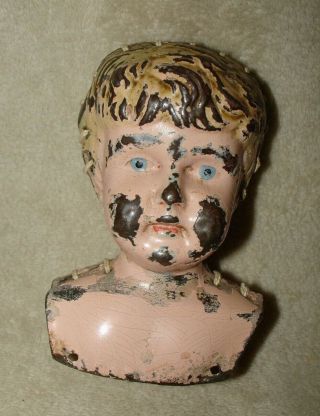 Antique Unmarked Tin Doll Head,  4.  25 " Lace Up Holes On Head And Shoulders,  1880?