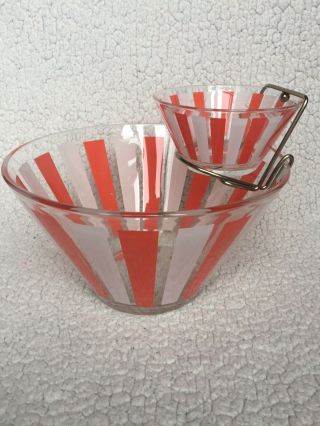 Vintage Mid Century Modern Chip And Dip Bowl Set W/ Holder Orange White Stripes