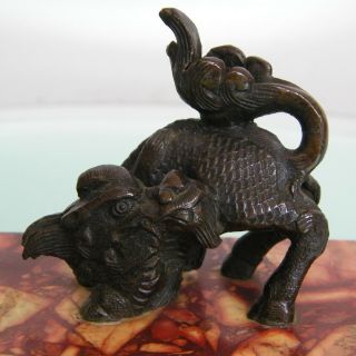 Fine Antique Art Deco Bronze Dragon Foo Dog On Marble Paperweight Great Patina