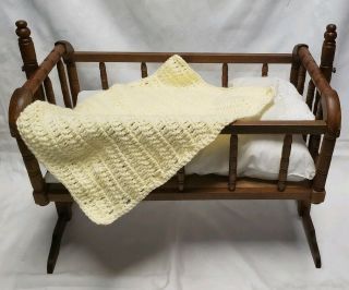 Vintage Wood Jenny Lind Doll Baby Crib Swinging Rocking Cradle Bed W Mattress