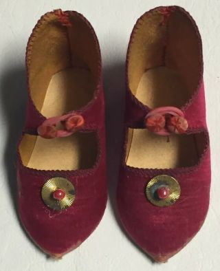 Wonderful Antique Red Silk Doll Shoes.  Marked On Sole H.  H In A Heart & 4 1/2