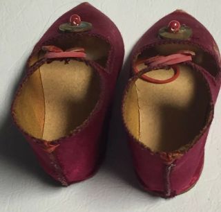 Wonderful Antique Red Silk Doll Shoes.  Marked On Sole H.  H In A Heart & 4 1/2 2