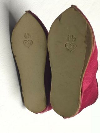 Wonderful Antique Red Silk Doll Shoes.  Marked On Sole H.  H In A Heart & 4 1/2 3