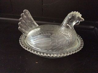 Vintage HEN ON NEST Clear Glass Chicken Candy Dish Beaded Edge 2