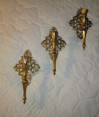 Set Of 3=vintage - Cast Brass Metal - Wall Candle Holder Sconce - Gold - Ornate