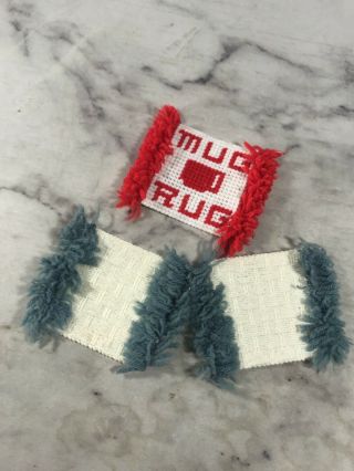 Mug Rug Coasters Set Of 3 Hand Knit Red White Blue Home Decor Vintage Tabletop