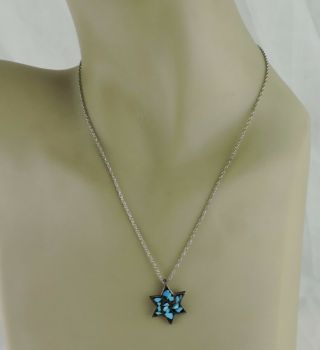Vintage Sterling Silver Turquoise Inlay Star David Jewish Pendant Chain Necklace