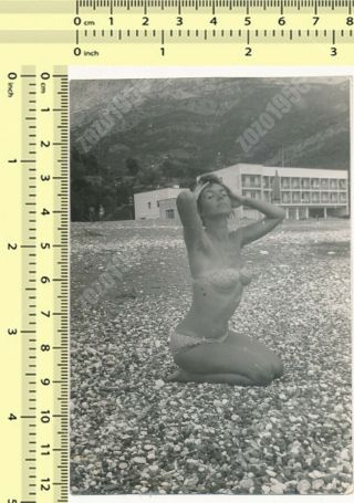 1960s Hairy Armpits Bikini Woman On Beach,  Swimwear Lady Portrait Vintage Photo