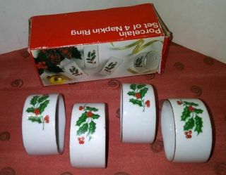 Porcelain Christmas Holly Berry Napkin Rings With Gold Trim Vintage Set Of 4