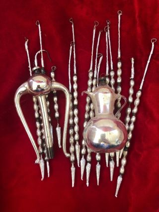 2 Antique Vintage Mercury Glass Christmas Ornaments - 14 Beaded Spikes - Teapot