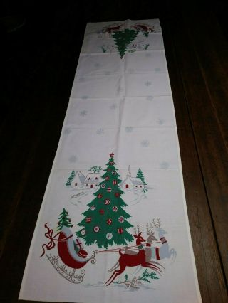 Vintage Christmas Table Runner - Greens Trees,  Deer,  Sleigh Snow Flakes - 15 X 42