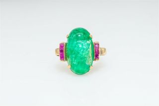 Antique 1940s Retro $15,  000 20ct Colombian Emerald Ruby 14k Yellow Gold Ring