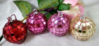 Vintage Christmas Ornament Set Of 4 Small Disco Balls Red Pink Purple Rose Gold