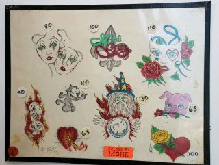 Vintage 80s Unknown Production Tattoo Flash Mask Skull Heart Wizard Colors:monk